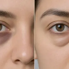 Comparación de tipos de ojeras: antes y después de un tratamiento. Se muestra un ojo con ojeras oscuras y abultadas, y luego el mismo ojo con la piel más clara y lisa.
