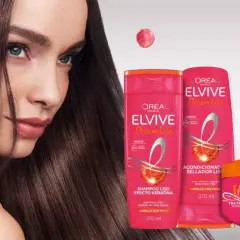 Mujer con pelo liso y sedoso, junto a productos L'Oréal Elvive Dream Liso para un cabello sin frizz.