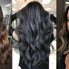 Tres estilos de pelo negro con mechas balayage, mostrando ondas y degradados de color.