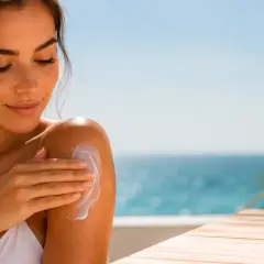 Mujer aplicándose after sun en el hombro. Este producto es ideal para hidratar y calmar la piel tras la exposición solar.