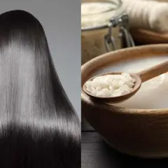 Cabello largo y sedoso junto a un cuenco de madera con agua de arroz para el pelo y una cuchara llena de arroz.