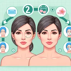 Ilustración de un lifting facial casero con pasos que muestran la aplicación de mascarillas y el antes y después de una mujer.