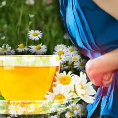 Té de manzanilla con menta, rodeado de flores. Una persona con dolor abdominal se alivia con los beneficios de la manzanilla.
