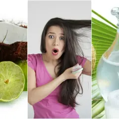 Coco y lima junto a una mujer sorprendida con su cabello y un frasco de aceite de coco. ¡El agua de coco para el pelo es un secreto de belleza!