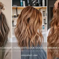 Tres estilos de cabello con mechas color miel y caramelo, que realzan la belleza de los tonos castaños.