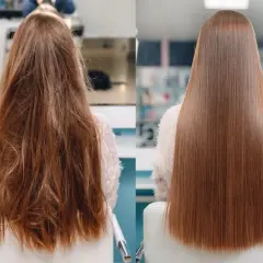 Antes y después de un tratamiento de queratina. Cabello liso, brillante y sin frizz.