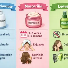 Acondicionador: uso diario, aclarado, hidratación ligera. Mascarilla: 1-2 veces/semana, enjuague, nutrición intensa. Leave-in: sin enjuague, dejar puesto, peinado y protección.