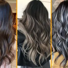 Tres estilos de pelo negro con mechas rubias y grises, mostrando diferentes técnicas de balayage y ombré para un look moderno y con profundidad.