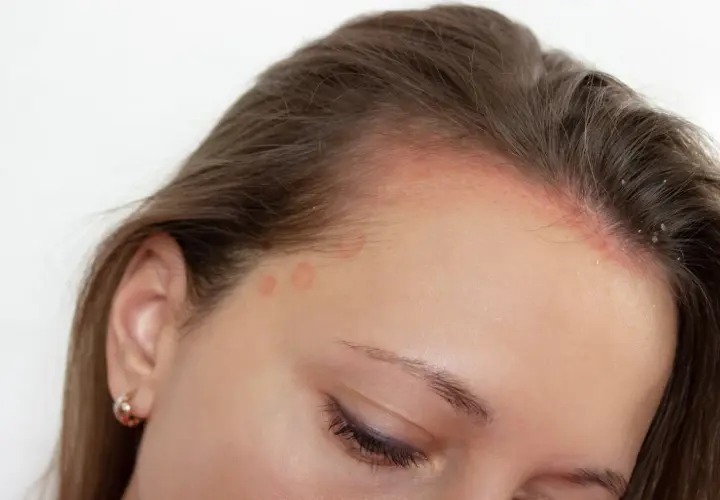 Piel enrojecida y escamosa en la frente y línea del cabello, con anillos rojos en la sien. Posible dermatitis seborreica, buscando tratamiento.
