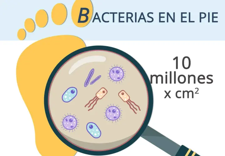 Bacterias en el pie, ¡causantes del olor! Magnificación muestra 10 millones por cm².