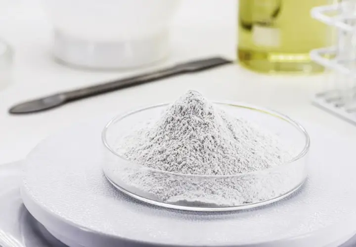 Polvo blanco en un plato de vidrio, listo para ser usado en diversas aplicaciones. El óxido de zinc sirve para proteger la piel y como ingrediente en pinturas.