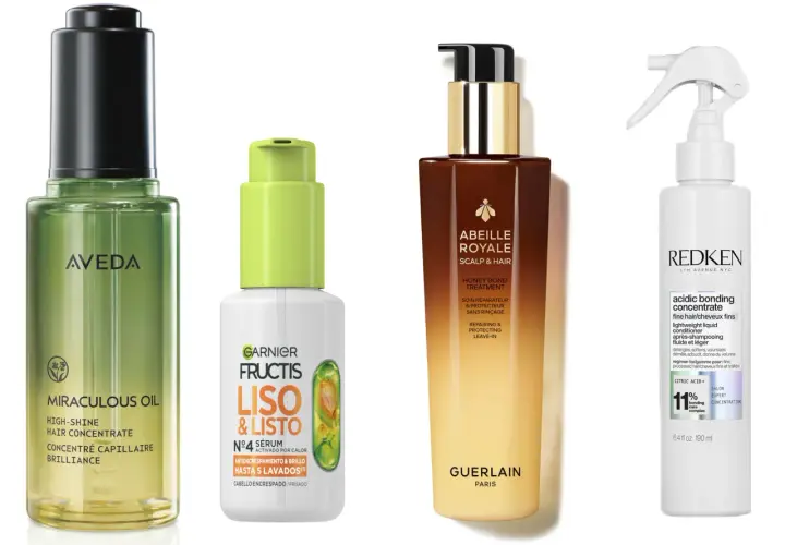 Cuatro productos para el cuidado del cabello: un aceite de Aveda, un sérum de Garnier Fructis para cabello encrespado, un tratamiento de Guerlain y un acondicionador de Redken.