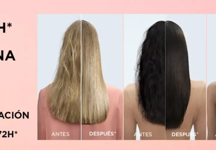 Tres mujeres muestran antes y después de un tratamiento capilar. Logran un pelo liso natural, sin frizz y con efecto queratina duradero.