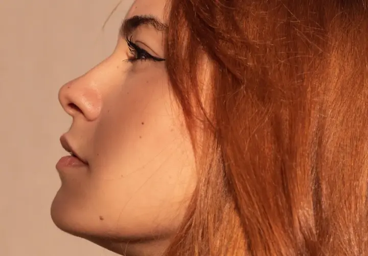 Perfil de mujer con cabello rubio cobrizo claro con mechas, delineado de ojos y pecas.