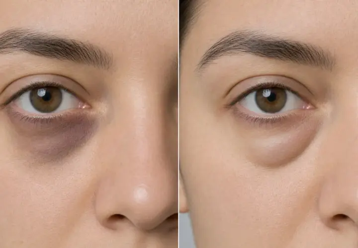 Comparación de tipos de ojeras: antes y después de un tratamiento. Se muestra un ojo con ojeras oscuras y abultadas, y luego el mismo ojo con la piel más clara y lisa.