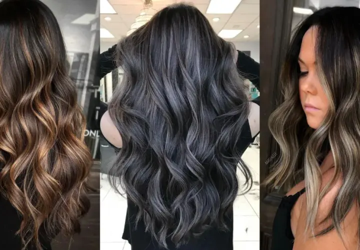 Tres estilos de pelo negro con mechas balayage, mostrando ondas y degradados de color.