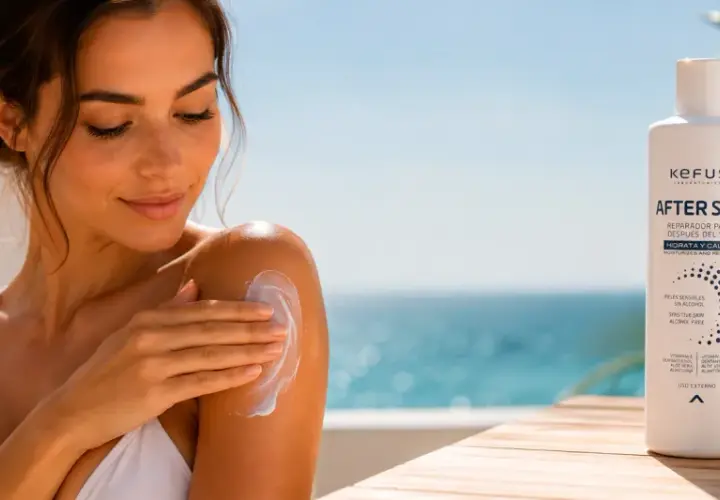 Mujer aplicándose after sun en el hombro. Este producto es ideal para hidratar y calmar la piel tras la exposición solar.