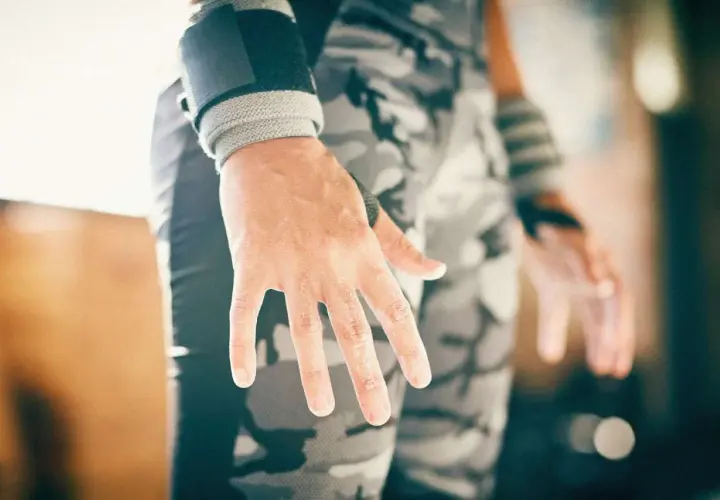 Manos con callos en los dedos, evidencia de entrenamiento duro. Muñequeras y pantalón de camuflaje completan la imagen.
