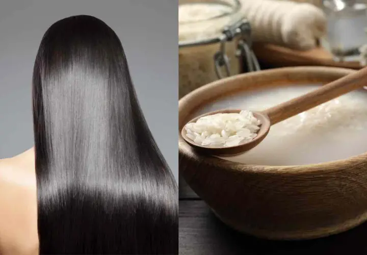 Cabello largo y sedoso junto a un cuenco de madera con agua de arroz para el pelo y una cuchara llena de arroz.