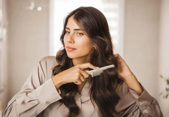 Mujer peinando su cabello oscuro y ondulado, mostrando una envidiable densidad capilar.