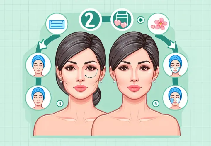 Ilustración de un lifting facial casero con pasos que muestran la aplicación de mascarillas y el antes y después de una mujer.