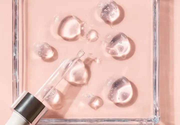 Gotas de sérum con glicerina para que sirve, humectando la piel. Pipeta de cristal sobre fondo rosa.
