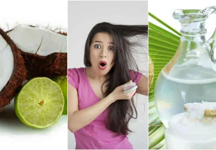 Coco y lima junto a una mujer sorprendida con su cabello y un frasco de aceite de coco. ¡El agua de coco para el pelo es un secreto de belleza!