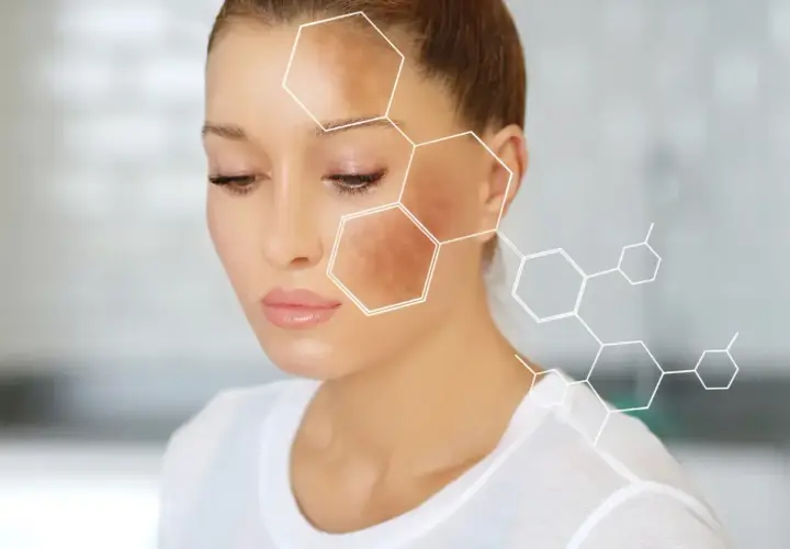 Rostro de mujer con manchas oscuras, ilustrando la melanina que es el pigmento de la piel. Estructura molecular superpuesta.