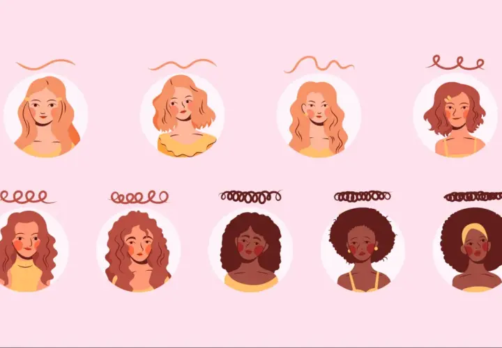 Ilustración de mujeres con distintos tipos de rizos, desde lisos hasta afro.