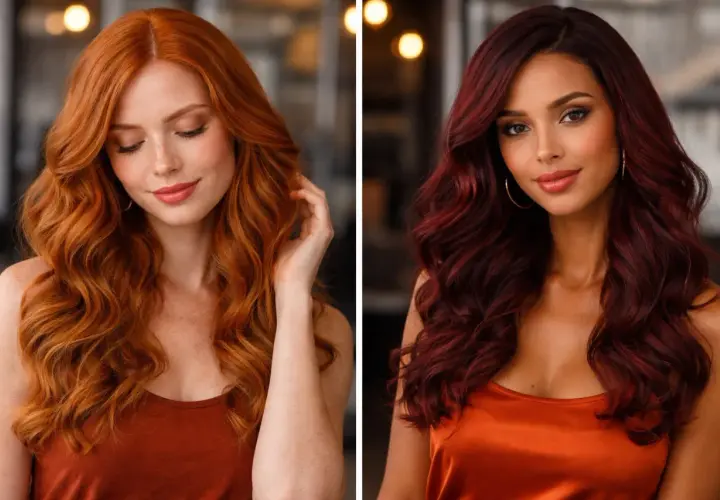 Dos mujeres con estilos de pelo pelirrojo. Una con cabello naranja vibrante y pecas, la otra con un tono borgoña profundo.