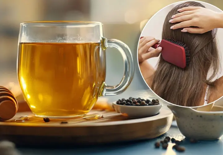 Té verde para el pelo: una taza de té dorado junto a ingredientes naturales y una mujer peinando su cabello.