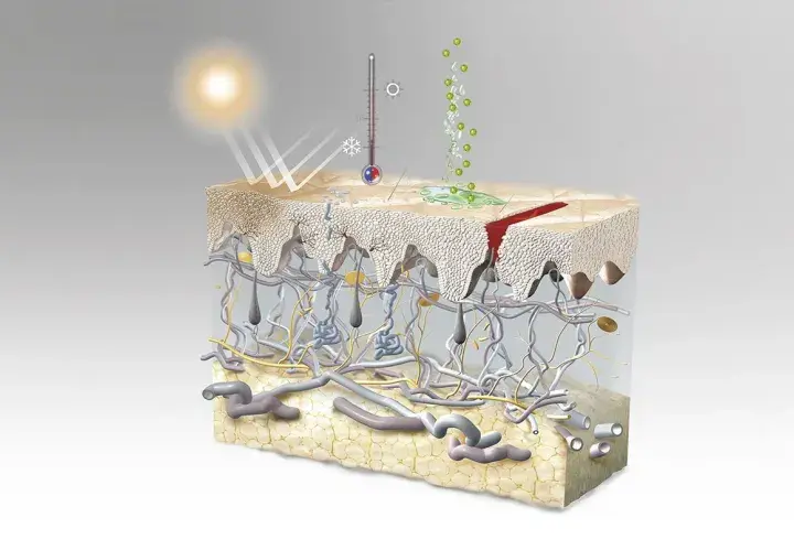 Ilustración detallada de las capas de la piel, mostrando la epidermis, dermis y tejido adiposo, con elementos como el sol, un termómetro y una herida.