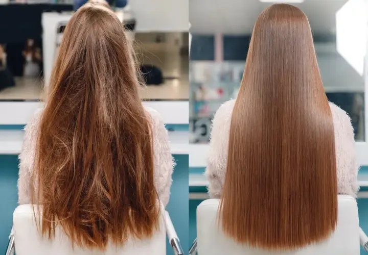 Antes y después de un tratamiento de queratina. Cabello liso, brillante y sin frizz.