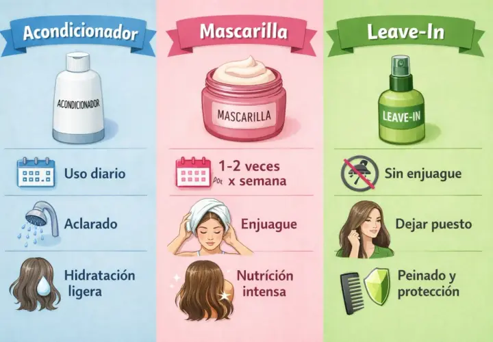 Acondicionador: uso diario, aclarado, hidratación ligera. Mascarilla: 1-2 veces/semana, enjuague, nutrición intensa. Leave-in: sin enjuague, dejar puesto, peinado y protección.
