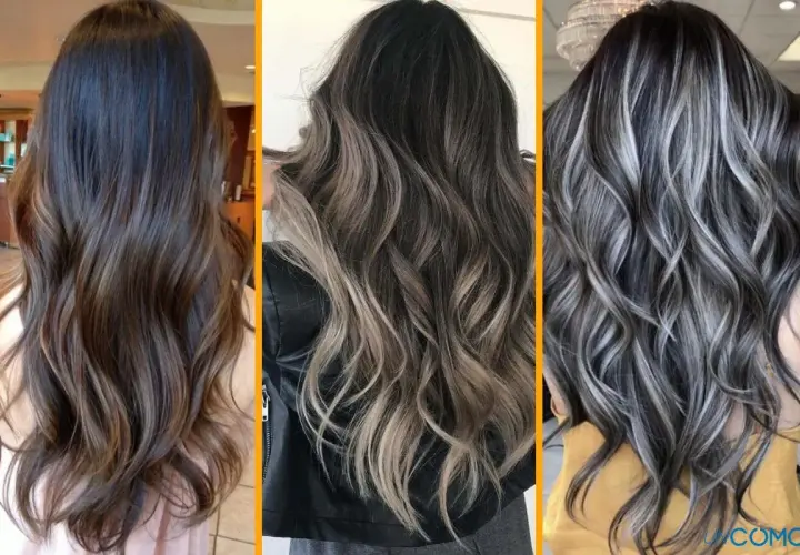 Tres estilos de pelo negro con mechas rubias y grises, mostrando diferentes técnicas de balayage y ombré para un look moderno y con profundidad.