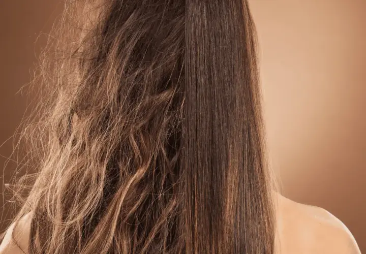 Cabello partido y seco a la izquierda, liso y sedoso a la derecha. El **pelo deshidratado** se transforma.