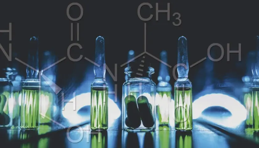 Ampollas con líquido verde y una botella con cápsulas, sobre un fondo oscuro con fórmulas químicas. Descubre qué son los péptidos en cosmética.