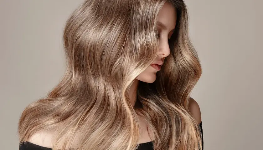 Mujer con cabello largo y ondulado, con un degradado de color que va de oscuro a rubio. Un ejemplo de cómo aclarar el pelo teñido para un look natural.