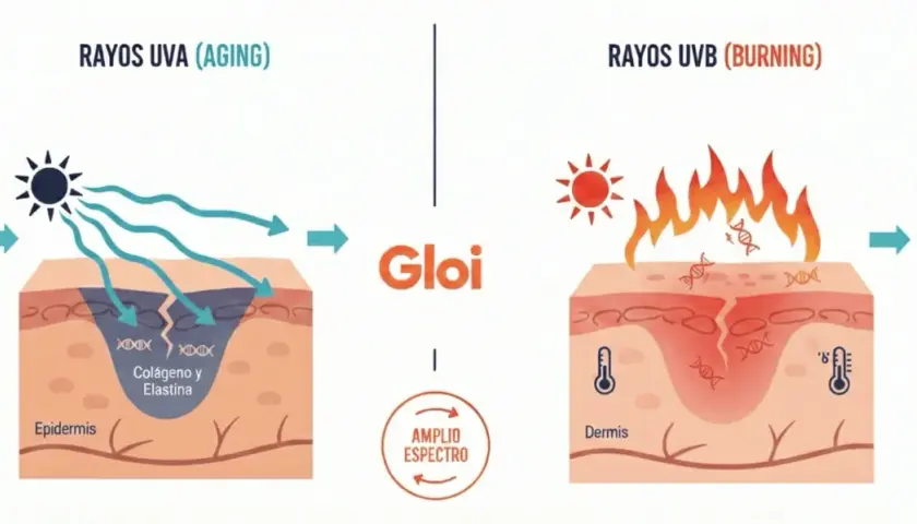 Los rayos uva son malos, dañan el colágeno y la elastina. Los rayos UVB queman la piel y el ADN.