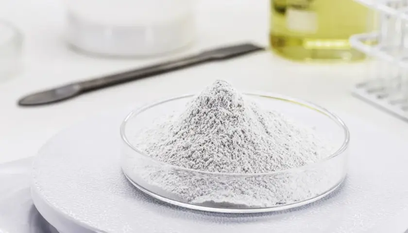 Polvo blanco en un plato de vidrio, listo para ser usado en diversas aplicaciones. El óxido de zinc sirve para proteger la piel y como ingrediente en pinturas.