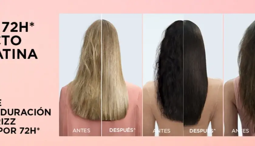 Tres mujeres muestran antes y después de un tratamiento capilar. Logran un pelo liso natural, sin frizz y con efecto queratina duradero.