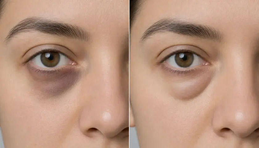 Comparación de tipos de ojeras: antes y después de un tratamiento. Se muestra un ojo con ojeras oscuras y abultadas, y luego el mismo ojo con la piel más clara y lisa.
