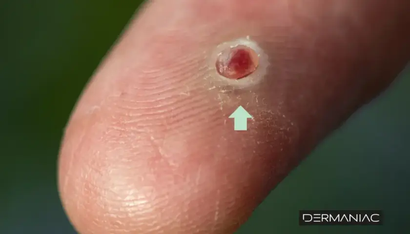 Un dedo con una lesión que parece un punto negro infectado, con un círculo blanco alrededor y una flecha verde apuntando hacia el centro.