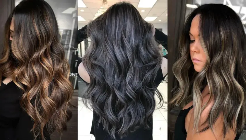 Tres estilos de pelo negro con mechas balayage, mostrando ondas y degradados de color.