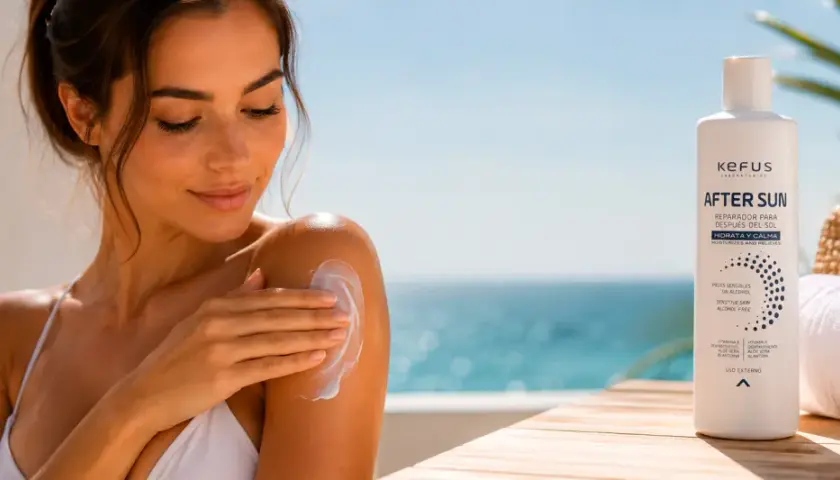 Mujer aplicándose after sun en el hombro. Este producto es ideal para hidratar y calmar la piel tras la exposición solar.