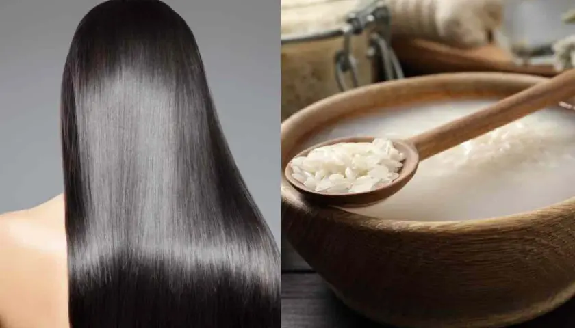 Cabello largo y sedoso junto a un cuenco de madera con agua de arroz para el pelo y una cuchara llena de arroz.