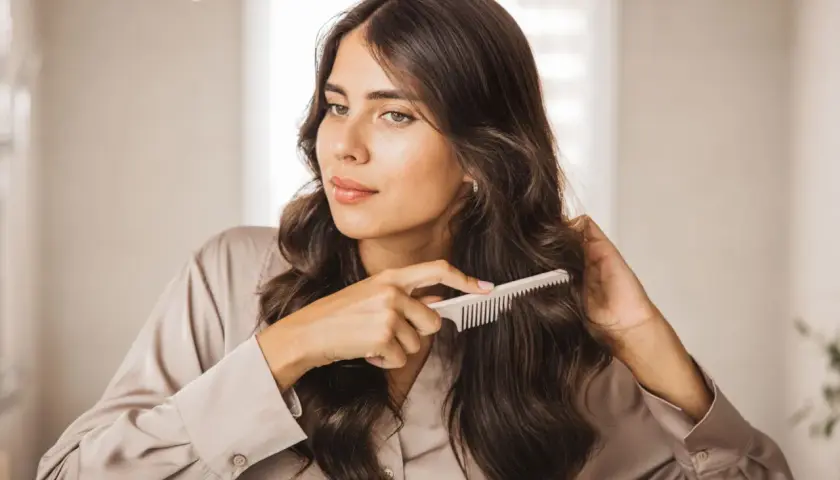 Mujer peinando su cabello oscuro y ondulado, mostrando una envidiable densidad capilar.