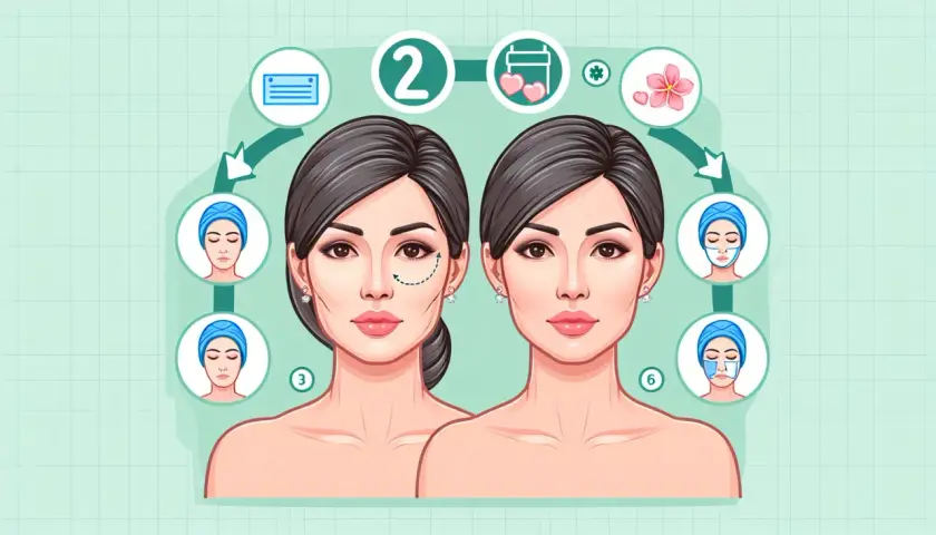 Ilustración de un lifting facial casero con pasos que muestran la aplicación de mascarillas y el antes y después de una mujer.