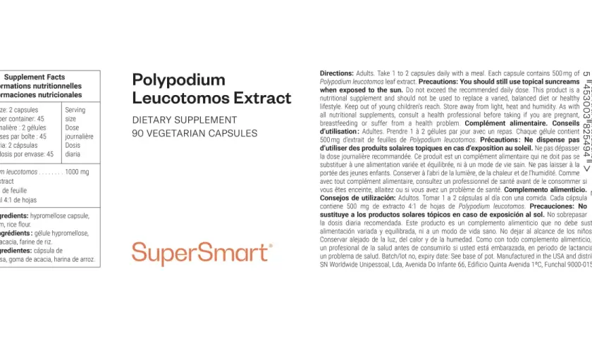 Extracto de hojas de Polypodium leucotomos en cápsulas vegetarianas. 90 cápsulas.