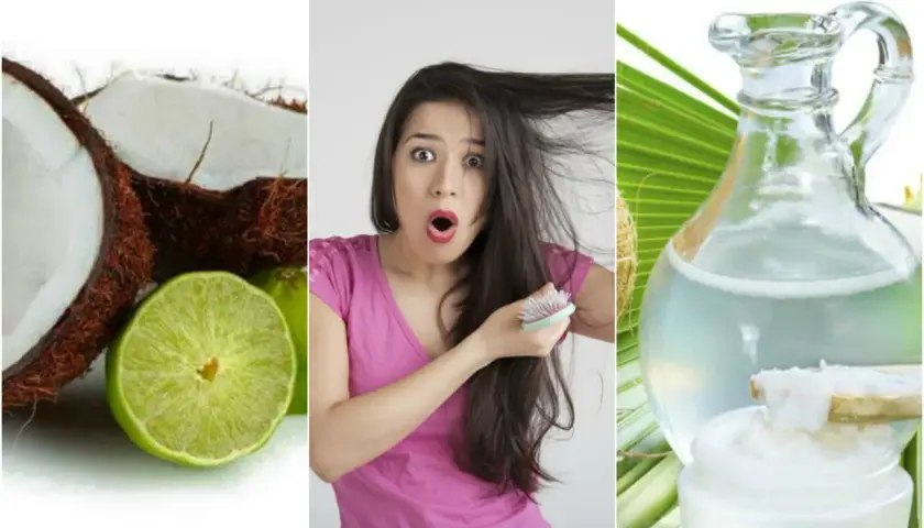 Coco y lima junto a una mujer sorprendida con su cabello y un frasco de aceite de coco. ¡El agua de coco para el pelo es un secreto de belleza!